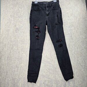 Maurices High-Rise Distressed Black Skinny Jeans Plaid Patchwork Denim